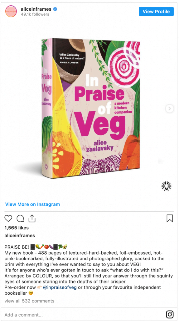 Alice Zaslavsky instagram post promoting the in praise of veg book