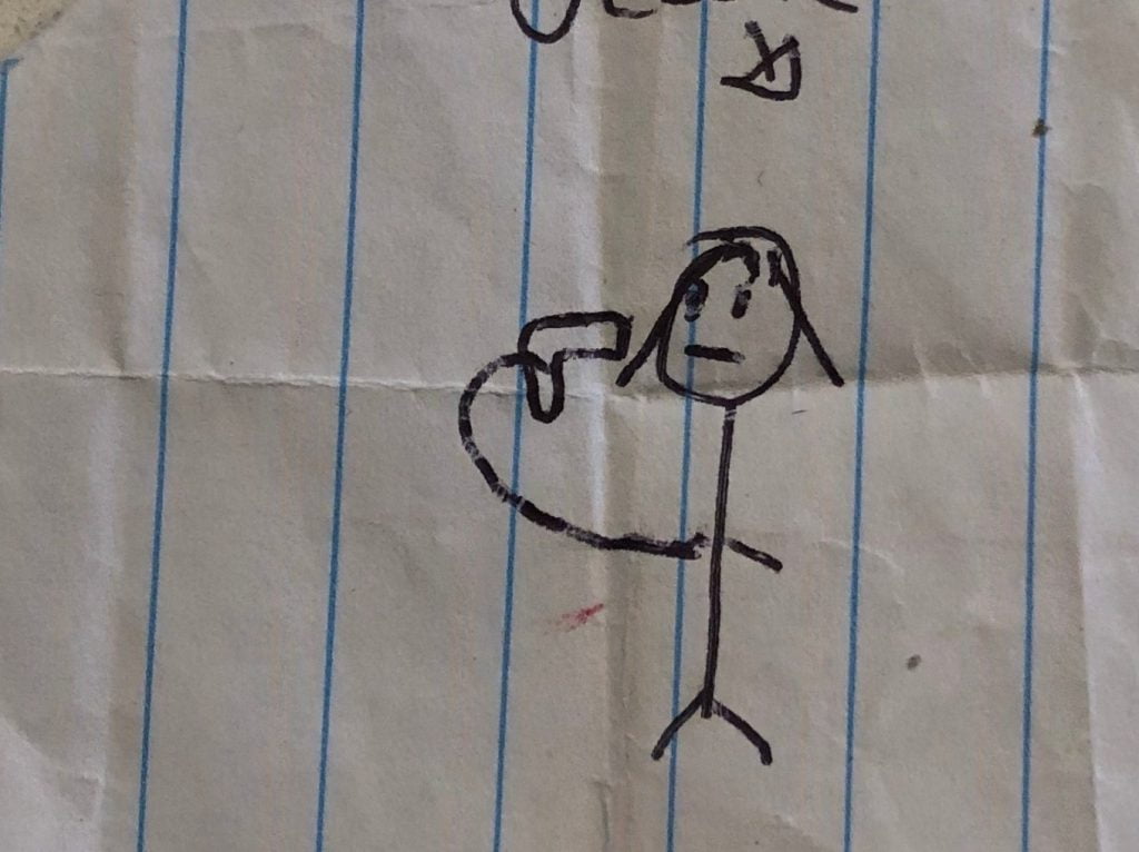 drawing depicts a stick figure holding a gun at his head